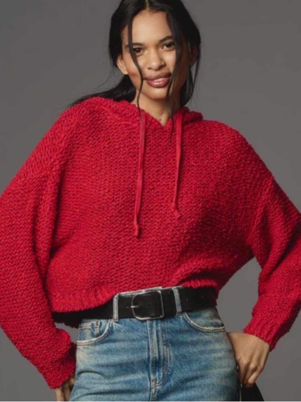 Anthropologie | Pilcro Sailcloth Chunky Knit Cropped Hoodie Sweater Red, XXS
